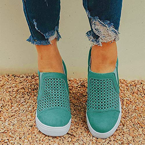 IQYU Zapatos de cuña de ante para mujer, con patrón de letras, informales, para mujer, grandes estrás, altura interior elevada, zapatos, verde, 38 EU