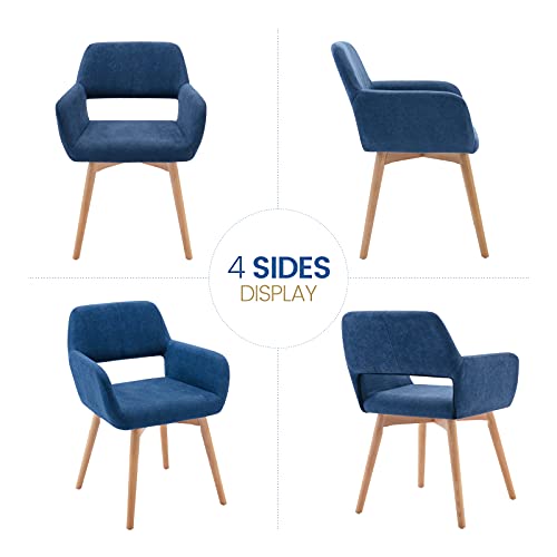 Irene House Silla de Comedor Moderna con Patas de Madera de Haya. Silla de salón de diseño excepcional con Respaldo y reposabrazos de Tela de Lino (Azul, 1)