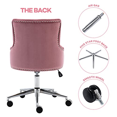 Irene House Silla Terciopelo Escritorio Tapizada Silla de Oficina Estudio Regulable Silla Dormitorio Giratorio Acolchado con Respaldo y Reposabrazos Estilo Vintage con Diseño Capitoné (Rosa)