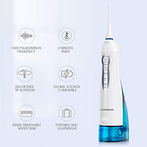 Irrigador Bucal Portatil Dental de Hangsun Inalámbrico USB Recargable con un Tanque de Agua 300ml y 4 Boquillas para Viajar y Uso Doméstico