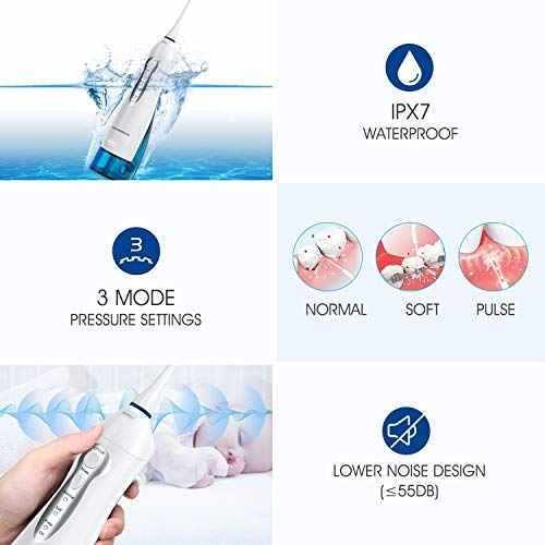 Irrigador Bucal Portatil Dental de Hangsun Inalámbrico USB Recargable con un Tanque de Agua 300ml y 4 Boquillas para Viajar y Uso Doméstico