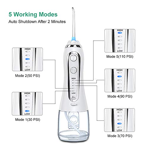 Irrigador Bucal Portátil, Irrigador Dental Viaje con 5 Modos 6 Boquillas, Irrigadores con USB Recargable, IPX7 Impermeable para Higiene Dental Limpieza Dental en Hogar/Viaje/Oficina