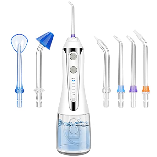 Irrigador Bucal Portatil, Nivlan Profesional Irrigadores Bucales IPX7 Impermeable con 300ML Tanque, 5 Modos y 6 Boquillas, Irrigador Dental Recargable USB para Limpieza Dental y Cuidado Oral Higiene