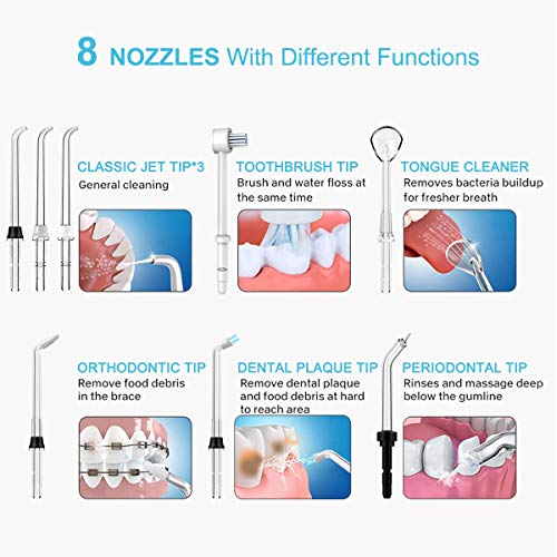 Irrigador Dental, Irrigador Bucal Professionale con 8 Boquillas Multifuncionales, Capacidad de 600ml, 10 Ajustes de Presión del agua, Aprobado por la FDA/CE