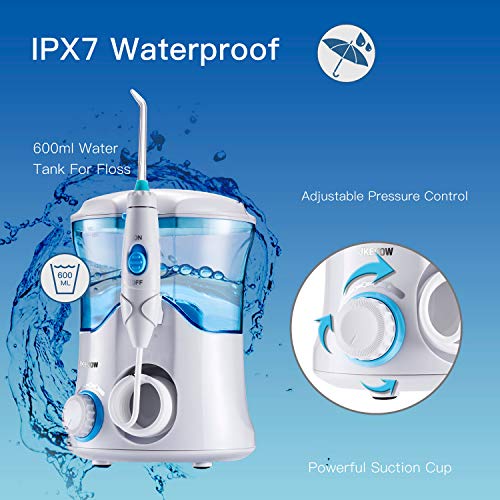 Irrigador Dental Professionale con 8 Boquillas Multifuncionales, Jkevow Irrigador Bucal Limpieza Dientes con Capacidad de 600ml, 10 Ajustes de Presión del agua (Blanco)