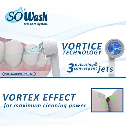 Irrigador dental SoWash | Vórtice | Conectable al grifo | Sin Baterías y sin Electricidad | Cabezal Vórtice con chorro pulsante convergente triple (patente internacional)