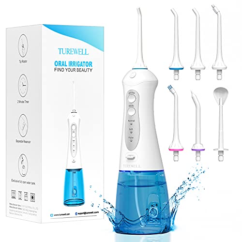 Irrigadores Bucales Portatil - TUREWELL Irrigador Dental con 6 Boquillas 3 Modos,IPX7 Impermeable,Recargable para Limpieza Dental, 300ML Irrigador Oral Portatil Profesional de Familia y Viajar