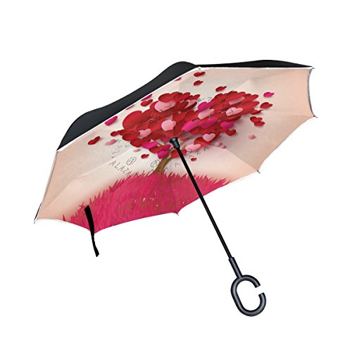 ISAOA invertido Paraguas Resistente al Viento Doble Capa Reversible Plegable Paraguas para Coche, Mango en Forma de C Paraguas Rojo corazón árbol Paraguas para romántico Amante de Las Mujeres