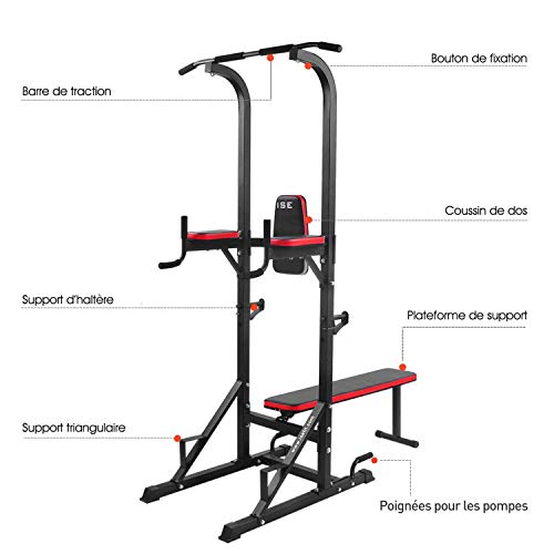 ISE Multiestación Máquina de Musculación, Tronco Abdominal Multifuncional con banco plegable y soportes con mancuernas: silla romana, flexiones, dips, flexiones, press de banca SY-4006