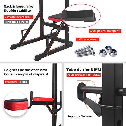 ISE Multiestación Máquina de Musculación, Tronco Abdominal Multifuncional con banco plegable y soportes con mancuernas: silla romana, flexiones, dips, flexiones, press de banca SY-4006