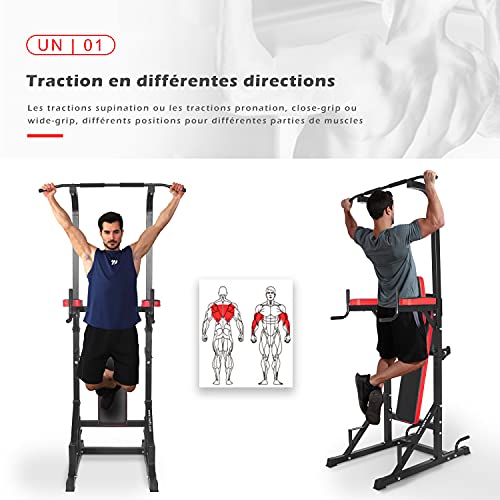 ISE Multiestación Máquina de Musculación, Tronco Abdominal Multifuncional con banco plegable y soportes con mancuernas: silla romana, flexiones, dips, flexiones, press de banca SY-4006