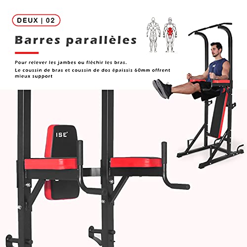 ISE Multiestación Máquina de Musculación, Tronco Abdominal Multifuncional con banco plegable y soportes con mancuernas: silla romana, flexiones, dips, flexiones, press de banca SY-4006