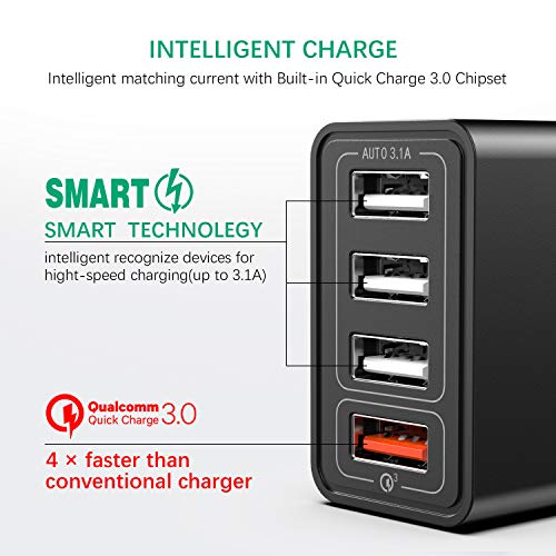 IWAVION Cargador USB,Quick Charge 3.0 30w Cargador USB de Pared con 4 Puertos de Cargador Móvil Rápido de Pared para iPhone Xr/Xs/X/8Plus/ 8, iPad, Samsung Galaxy S10/S9/S8+/Note 8/Huawei/HTC/LG Negro