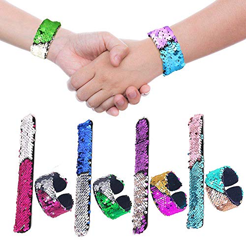 iwobi 8 PCS Lentejuelas Bofetada Pulseras, Glitter Sirena Slap Bracelets Pulseras para niños 2 Colores Reversibles Pulseras para Favores de Fiesta, Halloween Navidad Fiesta y Festival Regalo