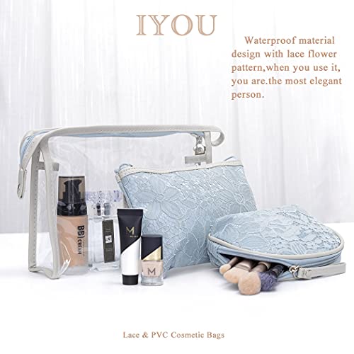 IYOU 3 Paquete Bolso de Cosméticos Azul Cordón Bolsas de maquillaje Bolsas de aseo Moda Portátil Belleza Bolsa de maquillaje Viaje Lavar Organizador de conchas por Mujeres y Chicas