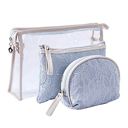 IYOU 3 Paquete Bolso de Cosméticos Azul Cordón Bolsas de maquillaje Bolsas de aseo Moda Portátil Belleza Bolsa de maquillaje Viaje Lavar Organizador de conchas por Mujeres y Chicas