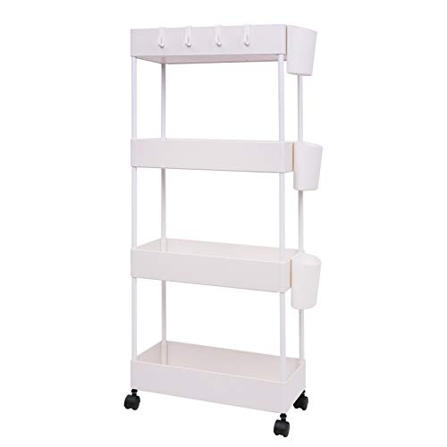 JAKAGO Carrito rodante de almacenamiento con diseño delgado, estante organizador de 4 niveles para espacios pequeños, práctica estantería móvil para despensa, cocina, oficina, cuarto de baño, Blanco