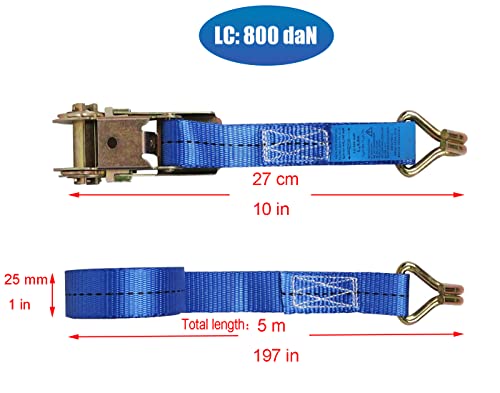 JAKAGO Correa de amarre 4 x 800 kg 5 m Tensor de carraca Cinchas correa trinquete con gancho Pulpos para baca Eslingas con carraca 25 mm（azul）