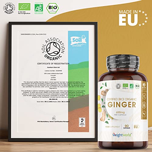 Jengibre Orgánico 90 Cápsulas, Vegano - Dosis Alta 650mg por Cápsula de Extracto de Raíz de Jengibre en Polvo, Potente Fuente de Vitamina C, Vitaminas del Grupo B, Calcio, Potasio, Hierro y Zinc