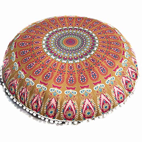 JJ. Accesorio Funda de cojín geométrica 80x80cm Funda de almohada redonda Mandala Funda de almohada de suelo Funda de cojín de meditación bohemia Funda otomana Puf hecho a mano (Cojín no incluido)