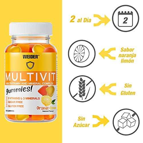 Joe Weider Victory Multivit Up 80 gummies, Sabor naranja y limón, Sin azúcares y sin gluten, Gominolas de vitaminas y minerales