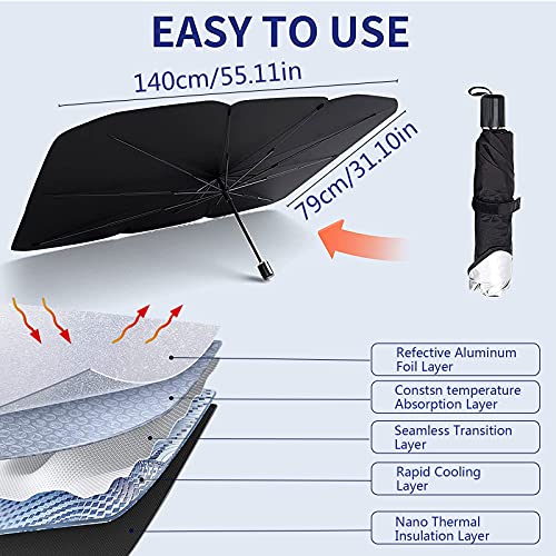 JOKILY Sombrilla Paraguas del Coche Parasol Coche Delantero Parasol Protector Solar para Coche Sombrilla Parabrisas Plegable Reduce Calor Aislado y Radiación UV (140*79cm)