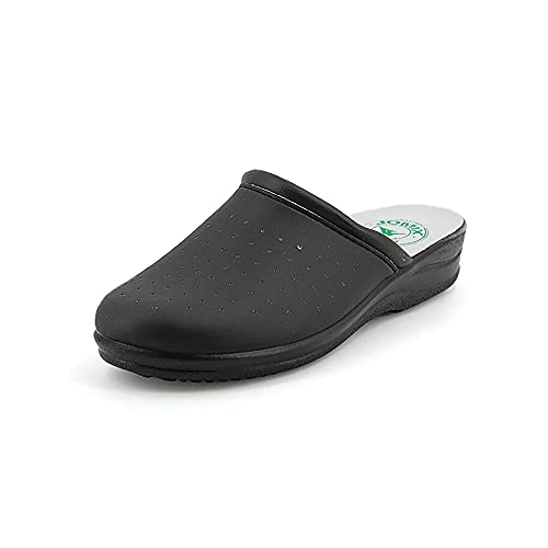 JOMIX Chanclas sanitarias para mujer y hombre, anatómicas, con zócalos, sanitarios, fabricadas en Italia, plantilla de piel auténtica, 07 Negro, 42 EU