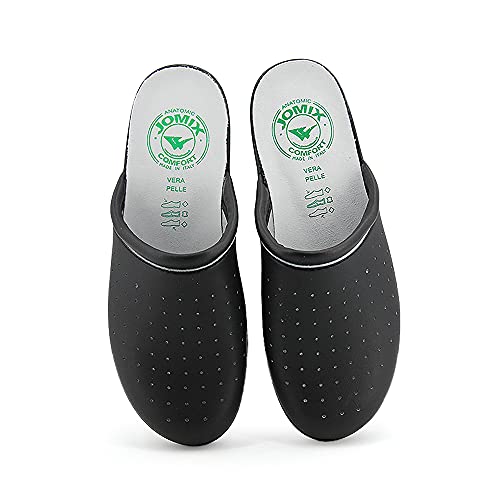 JOMIX Chanclas sanitarias para mujer y hombre, anatómicas, con zócalos, sanitarios, fabricadas en Italia, plantilla de piel auténtica, 07 Negro, 42 EU