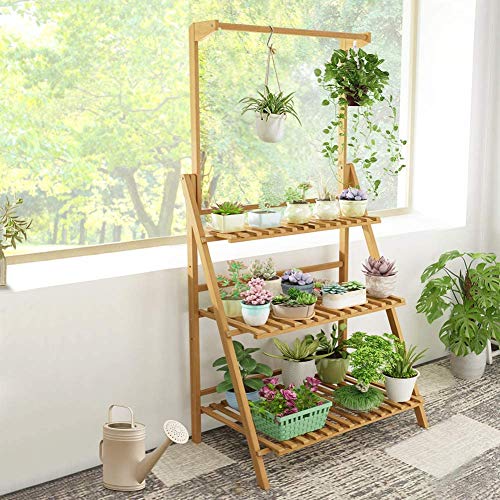 Joycelzen Estantería para Macetas para Plantas, Escalera para Flores Plantas Estante Soporte de Flore con 3 Niveles y Barra de Colgar para Exterior Jardín y Interior Balcón