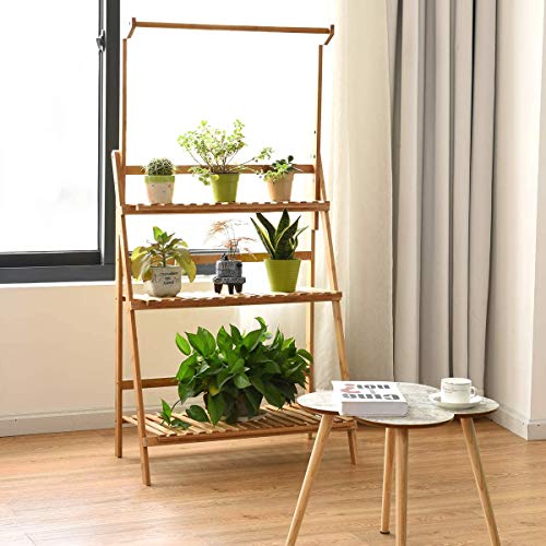 Joycelzen Estantería para Macetas para Plantas, Escalera para Flores Plantas Estante Soporte de Flore con 3 Niveles y Barra de Colgar para Exterior Jardín y Interior Balcón