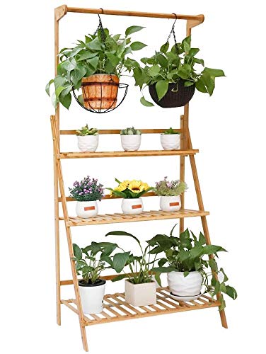 Joycelzen Estantería para Macetas para Plantas, Escalera para Flores Plantas Estante Soporte de Flore con 3 Niveles y Barra de Colgar para Exterior Jardín y Interior Balcón