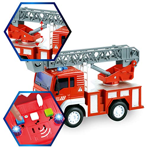 JOYIN 4 Pack de Vehículos Urbanos de Fricción, Camión de Basura, Camión de Bomberos, camión Elevador de Pluma y camión volquete de construcción con Luces y Sonidos