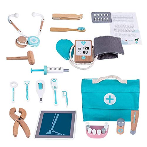 Joyivike 17 Piezas Maletín De Medicos para Niños Madera, Juego Médico, Maletin Medicos Juguete, Juego De Dentista para Niños, Juego De Simulación De rol Juego Herramientas Juguete Set Regalos