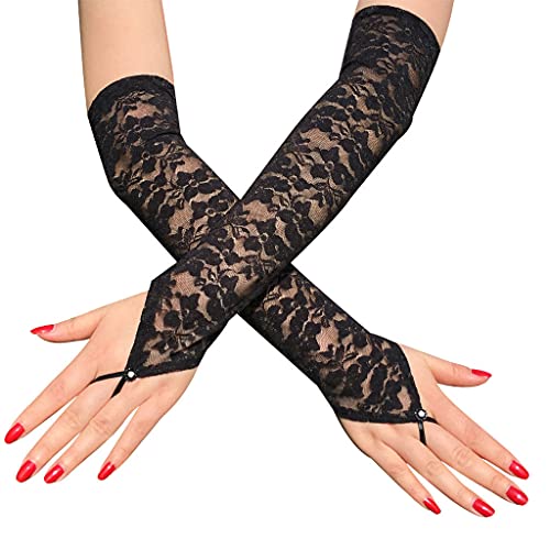 joyMerit Guantes de Malla Floral de Encaje para Mujer, Mitones Largos Sin Dedos para Fiesta de Disfraces para Mujer - Negro