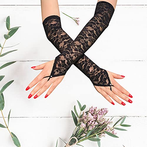 joyMerit Guantes de Malla Floral de Encaje para Mujer, Mitones Largos Sin Dedos para Fiesta de Disfraces para Mujer - Negro