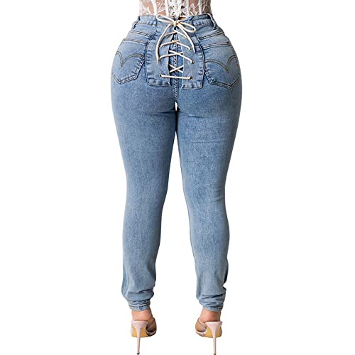 Jubaton Mujer Jeans Cintura Media Estiramiento Cadera Delgado Pierna Recta Botón Cuerda Moda Casual Pantalones cómodos L