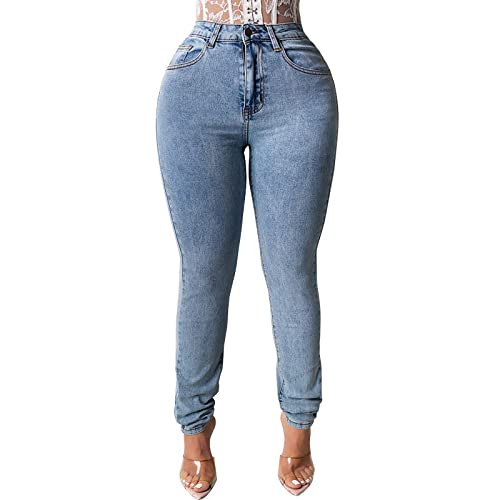 Jubaton Mujer Jeans Cintura Media Estiramiento Cadera Delgado Pierna Recta Botón Cuerda Moda Casual Pantalones cómodos L