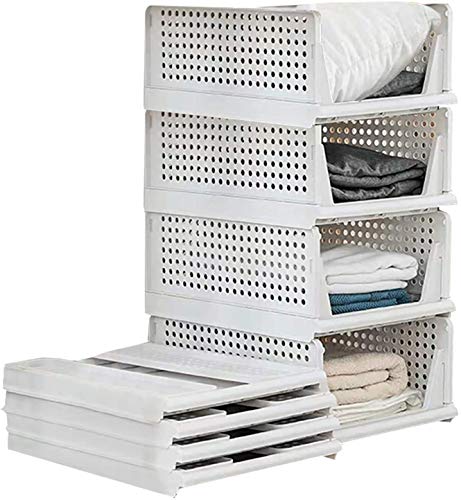 Juego de 4 cajas de almacenamiento apilables de plástico para armario, cajas organizadoras de armario extraíbles como un cajón, adecuadas para el hogar, dormitorio, cocina