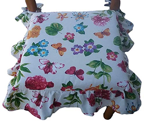 Juego de 4 Cojines para sillas de Cocina,Almohadillas para sillas - Relleno Multicapa - con Volante - con Cremallera - con Lazos - Tejido 100% algodón Pesado - Medidas 39 x 39 x 6 cm