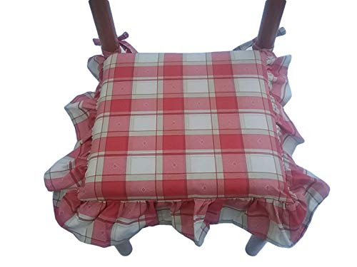 Juego de 4 Cojines para sillas de Cocina,Almohadillas para sillas Relleno Multicapa, con Volante, con Cremallera, con Lazos, Tejido 100% algodón Pesado, Medidas 39 x 39 x 5 cm, Color rojo