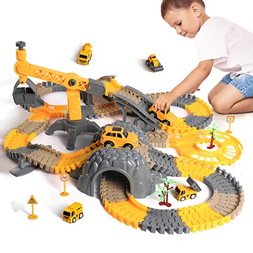 Juego de carreras, vehículos de construcción, trenes flexibles con camiones eléctricos, juego de coches de juguete para 2 3, 4, 5, 6, 7 años, niños niñas, set de juegos de carreras de carretera regalo