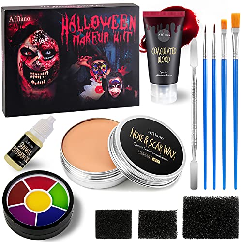 Juego de maquillaje de Halloween de efectos especiales, cera de nariz y cicatriz Afflano 60 g+sangre coagulada+esponja de estipple* 3+espátula de cera+aceite de extensión de cera de piel