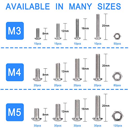 Juego de Tornillos y Tuercas M3 M4 M5 Hexagonal Tornillos de Cabeza Redonda de Acero Inoxidable Kits con Caja de Almacenamiento y llave Allen 500 Piezas