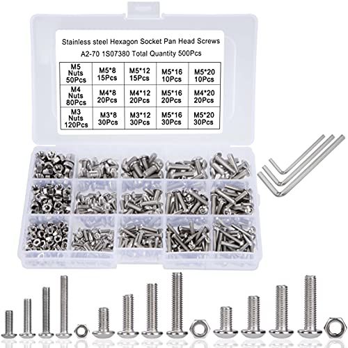 Juego de Tornillos y Tuercas M3 M4 M5 Hexagonal Tornillos de Cabeza Redonda de Acero Inoxidable Kits con Caja de Almacenamiento y llave Allen 500 Piezas