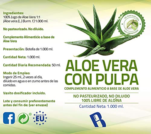 Jugo Aloe Vera Puro |1 Litro | Aloe Vera puro para beber| Producto Concentrado a base de Jugo de Aloe Vera Con Pulpa - Suplemento Para Regular el Transito Intestinal