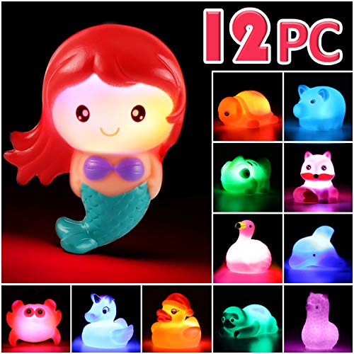 Juguete de Baño Laxdacee, Pack de 12 Animales con Luz, Juguetes de Goma para el Baño con Parpadeo Automático, Juego de Baño y Ducha y de Fiesta en la Piscina, Juguete de Agua para Niños Niñas y Bebés