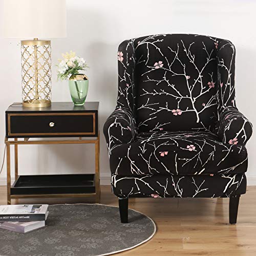 JuneJour Fundas Sillón Orejero Elásticas,Cubiertas Elegante de Sillón Ajustable,Fácil de Instalar y Lavable,Modernas Fundas de Butacas Orejero Estampada para Sala de Estar Hogar Decor Negro