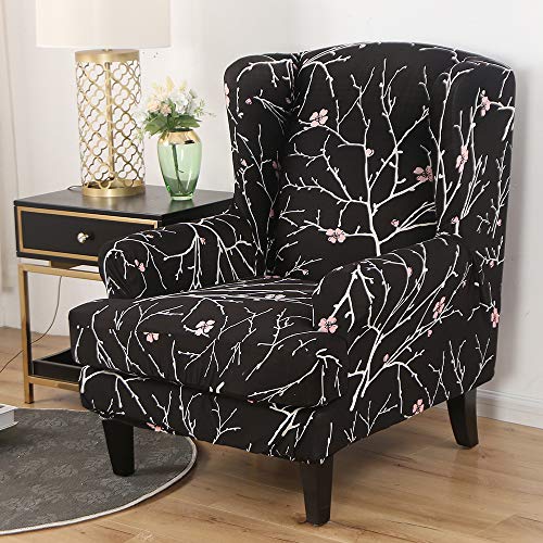 JuneJour Fundas Sillón Orejero Elásticas,Cubiertas Elegante de Sillón Ajustable,Fácil de Instalar y Lavable,Modernas Fundas de Butacas Orejero Estampada para Sala de Estar Hogar Decor Negro