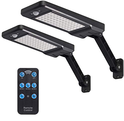 Justech 2PCs Luces Solares Exterior de Pared 60LEDs Lámpra Solar de Sensor Movimiento IP65 Impermeable con 3 Modos Iluminación Solar y 180° Ángulo Ajustable para Patio Jardín Almacén Camino