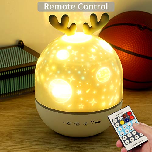 Justech LED Lámapra Proyector Infantil de Canción con 6 Película Temáticas Giratorio 360° 3 Colores 8 Niveles de Luz Proyector Estrellas Recargable USB con Control Remoto de Bluetooth y Temporizador